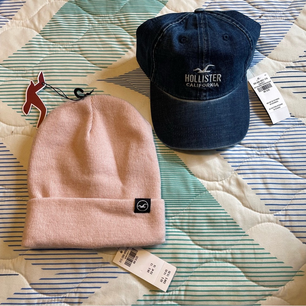 Two Womens Light Pink Winter Beanie and blue jean Hollister hats NEW